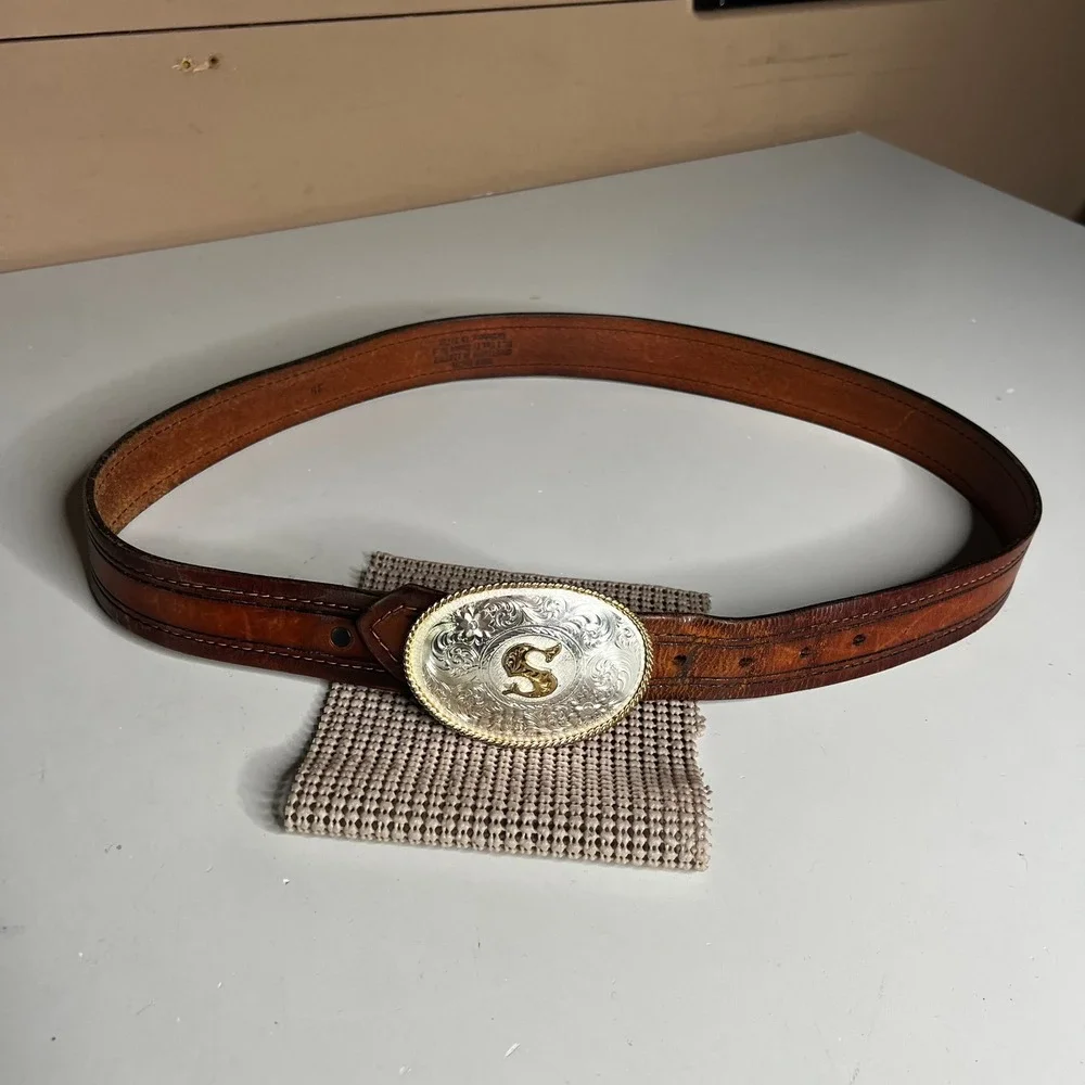 Montana Silversmiths Buckle Gary McCoy Leather Belt Brown Western Initial S 38
